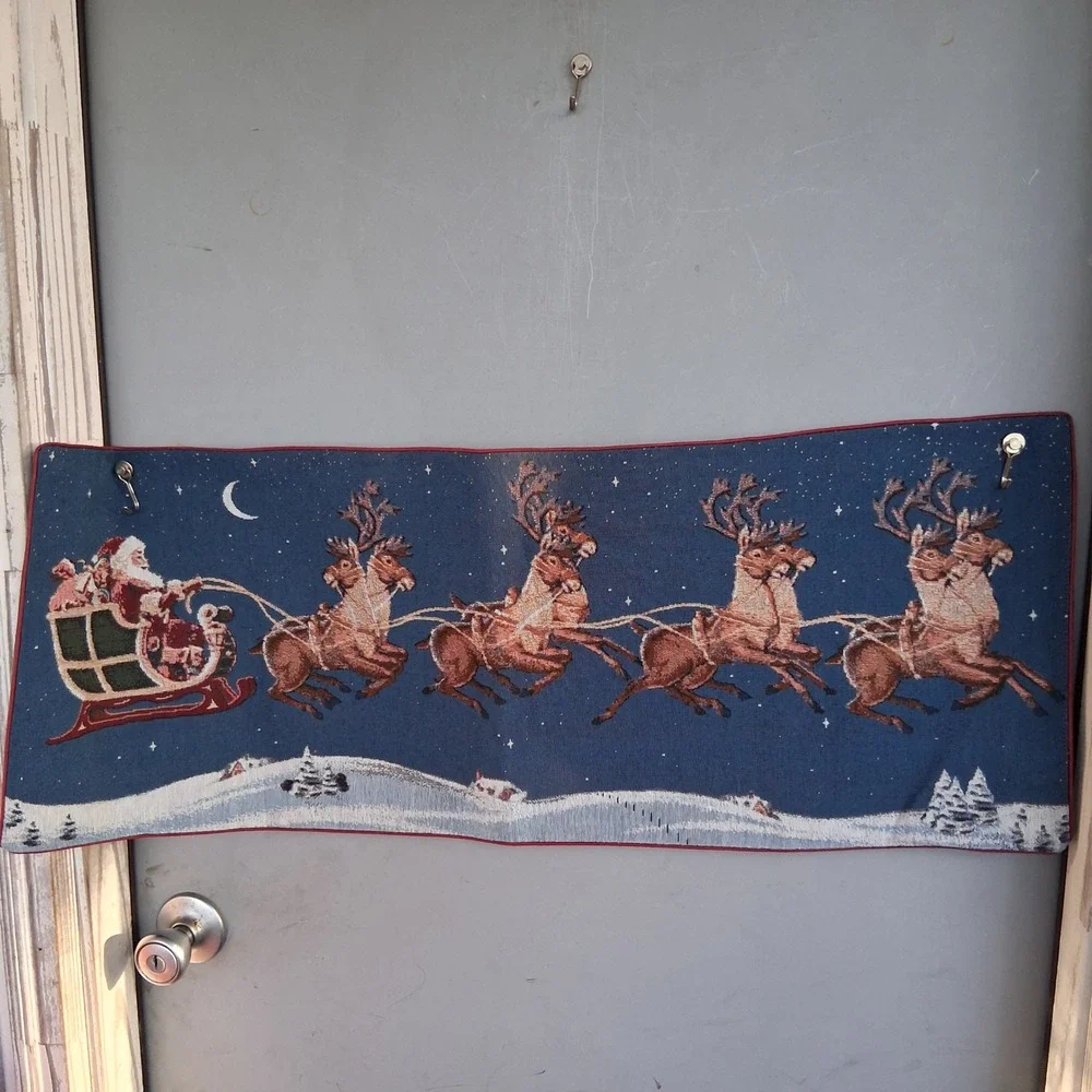 Vintage Christmas Woven Tapestry Wall Hanging Santa Sleigh Reindeer 32